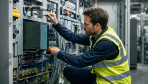 Industrial automation electrician in Australia inspecting an electrical control panel in a factory.
