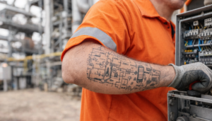 Electrician working on electrical equipment in a hazardous area with a hazardous-area classification diagram tattooed on his arm.